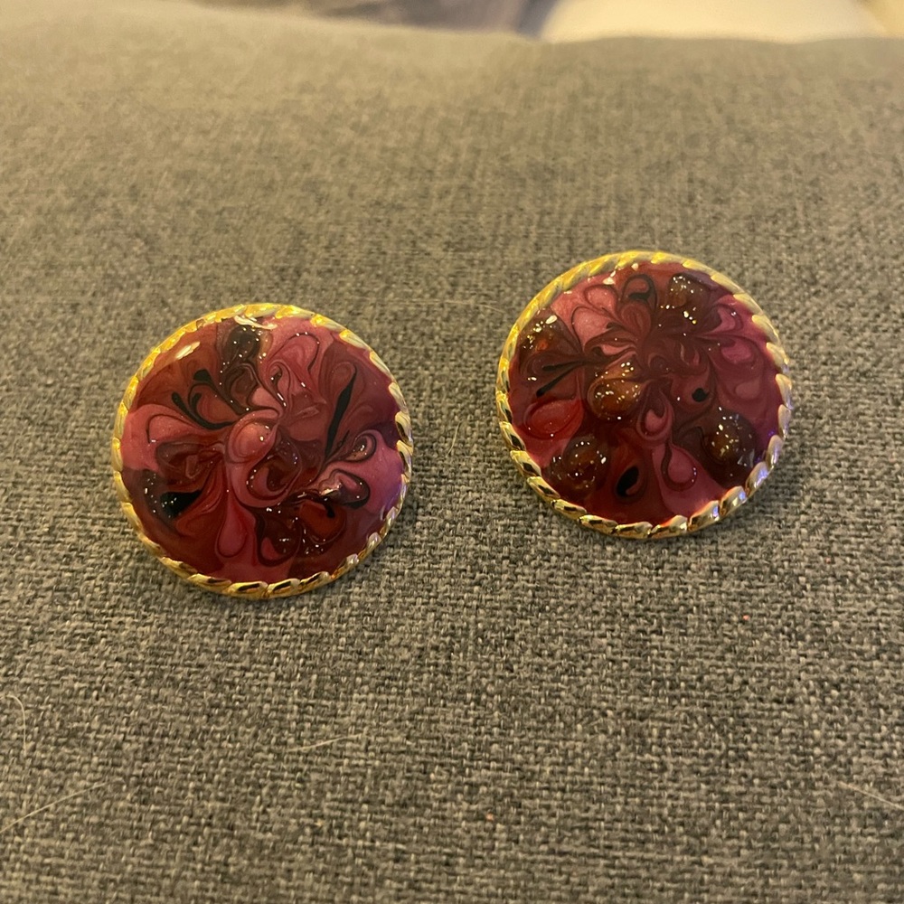 VINTAGE red metal sparkly button earrings